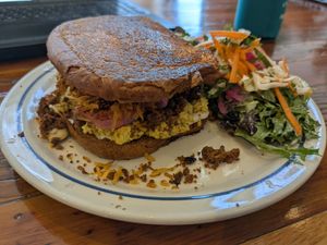 Breakfast sandwich at Two Dollar Radio Headquarters in Columbus