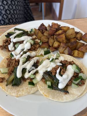 Smash vegan pork tacos   at Two Dollar Radio Headquarters in Columbus