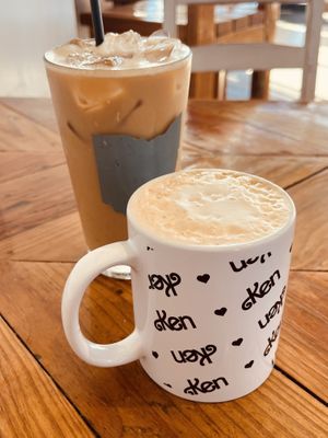 Drip coffee with soy milk and a Dirty chai  at Two Dollar Radio Headquarters in Columbus