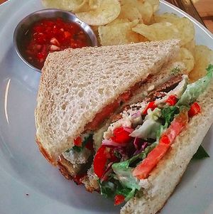 Sandwich and chips at Two Dollar Radio Headquarters in Columbus