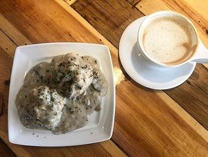 Biscuits and gravy  at Two Dollar Radio Headquarters in Columbus