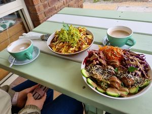 Buddha bowl, nachos, chai tea and medicinal mushroom! at RAWR Bar in Apollo Bay