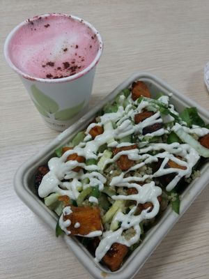 Beetroot latte & sweet potato salad at RAWR Bar in Apollo Bay