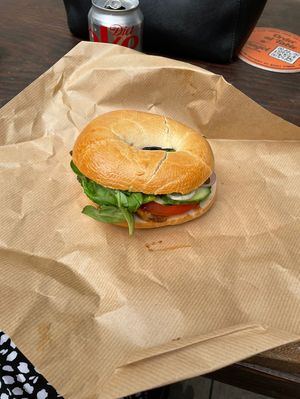 Sweet potato falafel on plain bagel  at The Whole Bagel in Bath