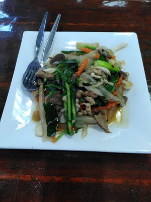 Veggies with rice noodles at Nop Nan in Bangkok