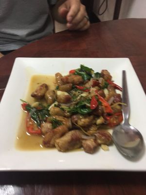 Fried mushrooms with fake meat at Nop Nan in Bangkok