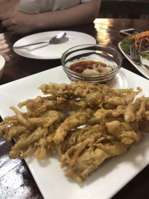 Deep fried enoki mushrooms  at Nop Nan in Bangkok