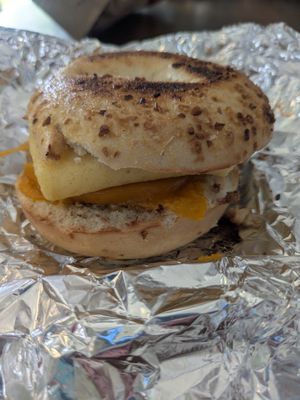 Vegan mountaineer on onion bagel at The Met Coffee House and Art Gallery in North Conway