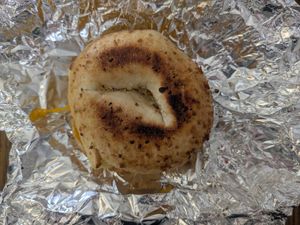 Vegan mountaineer on onion bagel at The Met Coffee House and Art Gallery in North Conway
