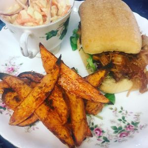 Jack fruit burger, sweet potatoes wedges and slaw - vegan special at Black Goo at Home & Colonial in Berkhamsted