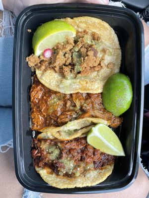 Birria, barbacoa and carne asada tacos. Amazing!  at Cena Vegan - Ghost Kitchen in Los Angeles