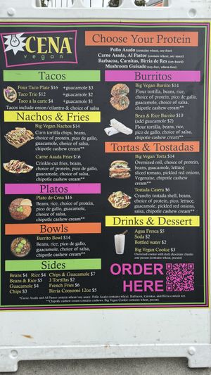 Menu board out front   at Cena Vegan - Ghost Kitchen in Los Angeles
