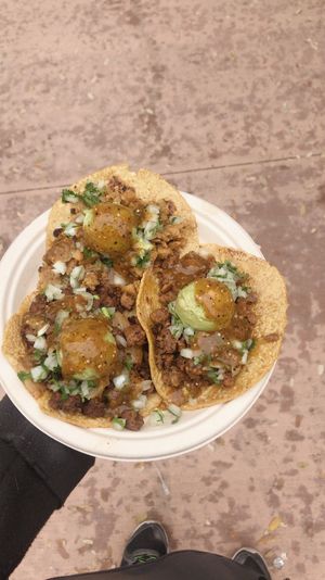 Trio of tacos: carne asada, pollo asada and al pastor. Delicious tacos, flavor is spot on! at Cena Vegan - Ghost Kitchen in Los Angeles