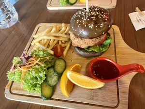 Burger and chips   at Anthony Vegetarian Restaurant in Malacca