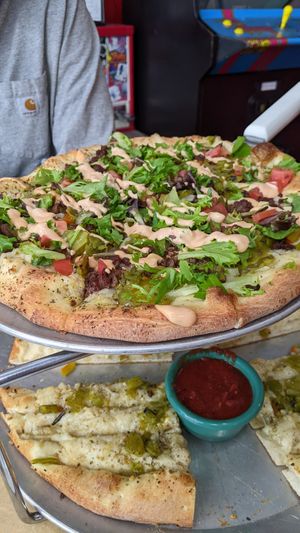 Vegan cheeseburger pickle pizza at Trail Rider in Cedar Crest