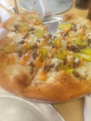 cheeseburger pickle pizza at Trail Rider in Cedar Crest