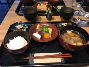 Vegan lunch set on traditional Japanese lacquerware. at Cafe Guri in Kamakura