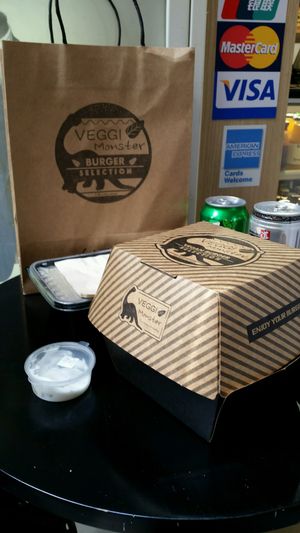 Cool packaging - burger and pasta combos at Veggi Monster in Hong Kong Island