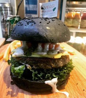 Dark giant burger! at Veggi Monster in Hong Kong Island