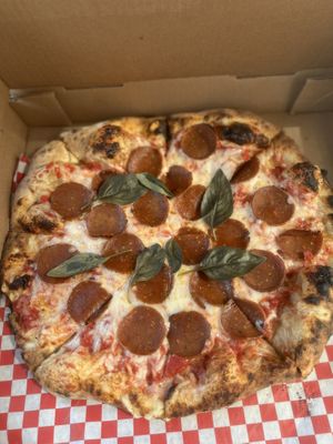 vegan pepperoni and soy mozzarella pizza  at King Dough in Indianapolis