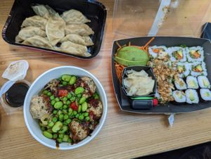 Meatball rice bowl, dumplings and sushi platter at STN - Itsu in Stansted