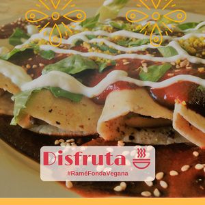 Lightly fried tortillas, covered with sweet mole, filled with oyster mushrooms cooked with onion and potatoes. at Ramé Fonda Vegana in Aguascalientes