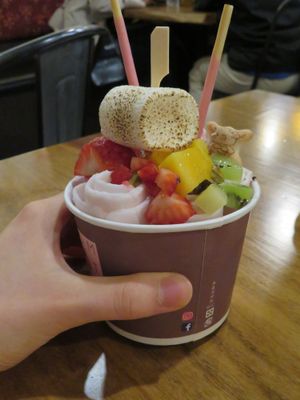 Coconut/ strawberry rolled ice cream with tropical fruit at Momotaro in State College