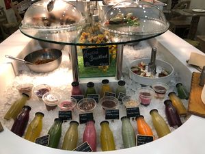 Selection of fresh juices and desserts at The Saints Stores in Thessaloniki