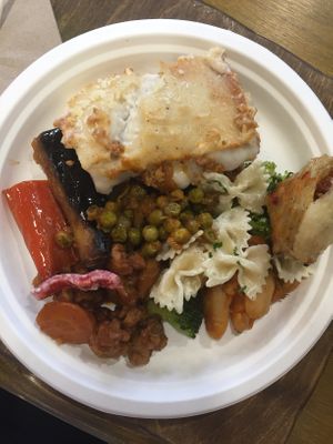 Moussaka, filled artichoke, grilled veggies, peas, baked beans and pasta salad at The Saints Stores in Thessaloniki