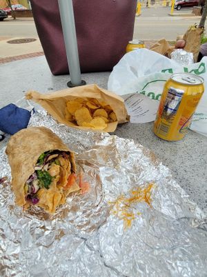 Buffalo wrap comes w/ chips and a pickle. They have La Croix also.  at Detroit Street Filling Station in Ann Arbor