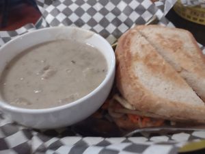 Banh mi sandwich with soup! So good! at Detroit Street Filling Station in Ann Arbor