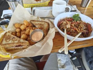 Pad Thai, grilled cheese/cranberry, and tator tots at Detroit Street Filling Station in Ann Arbor