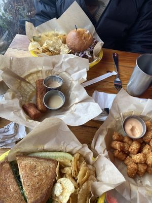 (can’t remember what the burger was), tater tots, chick’n fried tofu fingers, TLT sandwich   at Detroit Street Filling Station in Ann Arbor