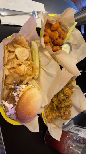 Mushroom chik’n burger, buffalo wings, specialty wings  at Detroit Street Filling Station in Ann Arbor