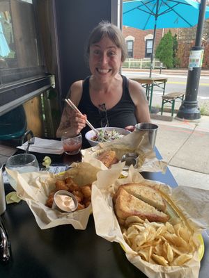 Tater tots, a noodle dish, a cheezy sandwich- everything was incredible!! 🥪🍜🥔🍹  at Detroit Street Filling Station in Ann Arbor