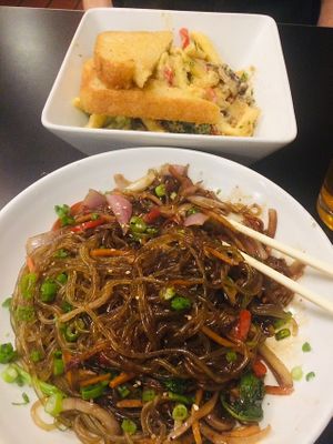 Sweet potato noodles & Penne alfredo  at Detroit Street Filling Station in Ann Arbor