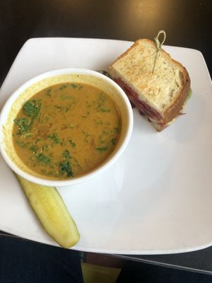 Chana Masala Saag soup and raspberry grilled cheese.  at Detroit Street Filling Station in Ann Arbor