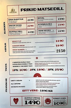 Menu as of June 2021. Vegan options marked with green V. at Prikid in Reykjavik