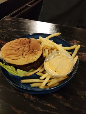 Vegan burger, chips and mayo at Prikid in Reykjavik