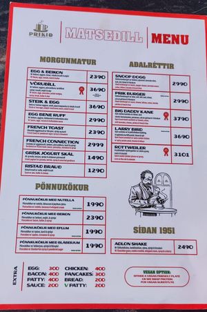 Food menu with vegan options marked. at Prikid in Reykjavik