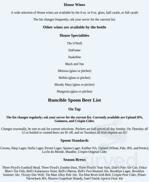 Wine / beer list at Runcible Spoon in Bloomington