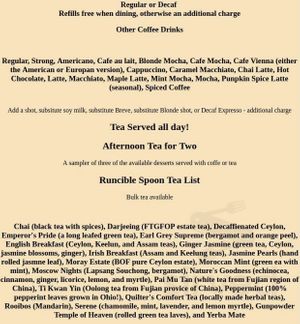 Coffee & tea options at Runcible Spoon in Bloomington