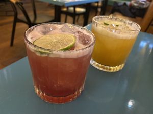 Hibiscus marg (red) and tropical marg  at Wahaca in Edinburgh