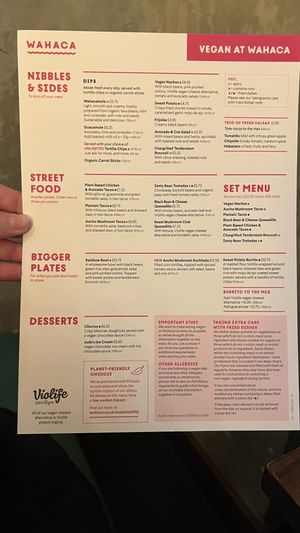 vegan menu  at Wahaca in Edinburgh
