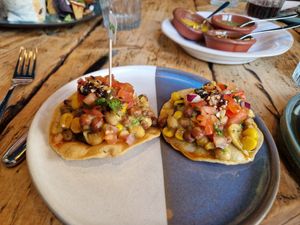 Corn and beans tostadas and trio de salsas at Wahaca in Edinburgh
