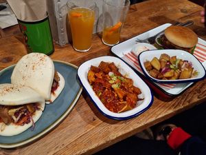 Tofu & mushroom bao buns, peanut & furikake Fries.  Beyond burger and salt and vinegar Fries. at Redmond's in Glasgow