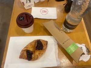 Very berry croissant, meatless meatball hot wrap and an oat flat white  at STN - Pret A Manger in Stansted
