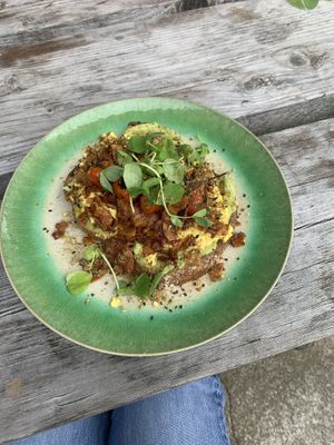 avocado toast with tofu scramble, vegan bacon & tomatoes  at Beetroot Sauvage in Edinburgh