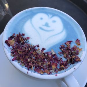 Blue flower latte  at Beetroot Sauvage in Edinburgh