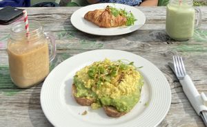Avo toast + scrambled tofu and croissant + scrambled tofu + ‘bacon’   at Beetroot Sauvage in Edinburgh